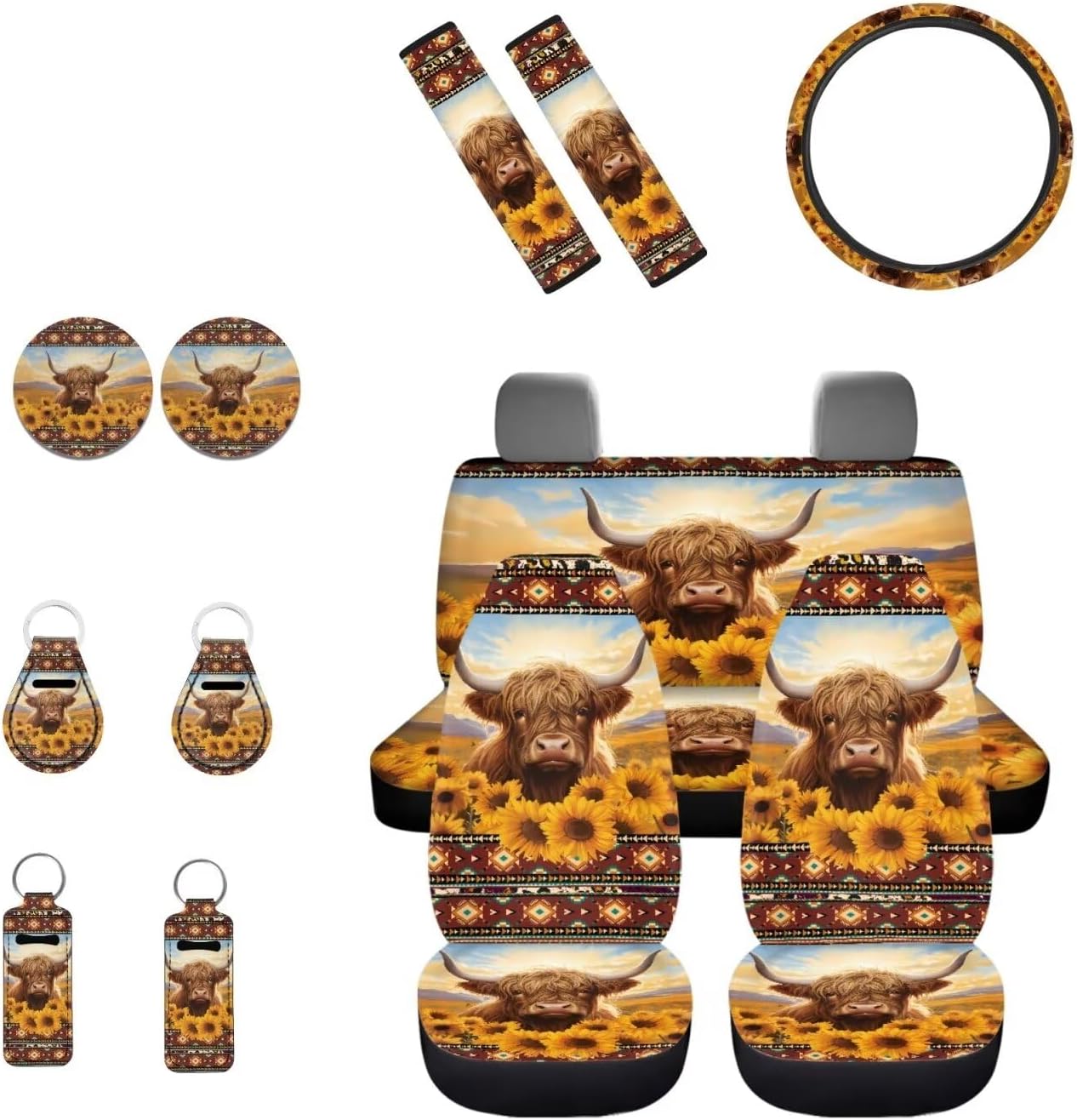 INSTANTARTS Highland Cattle Sunflower 13 Pcs Car Seat Cover Set Southwest Africa Aztec Seat Belt Cover Steering Wheel Cover Key Fob Coaster Lipstick Cover Auto Protectors