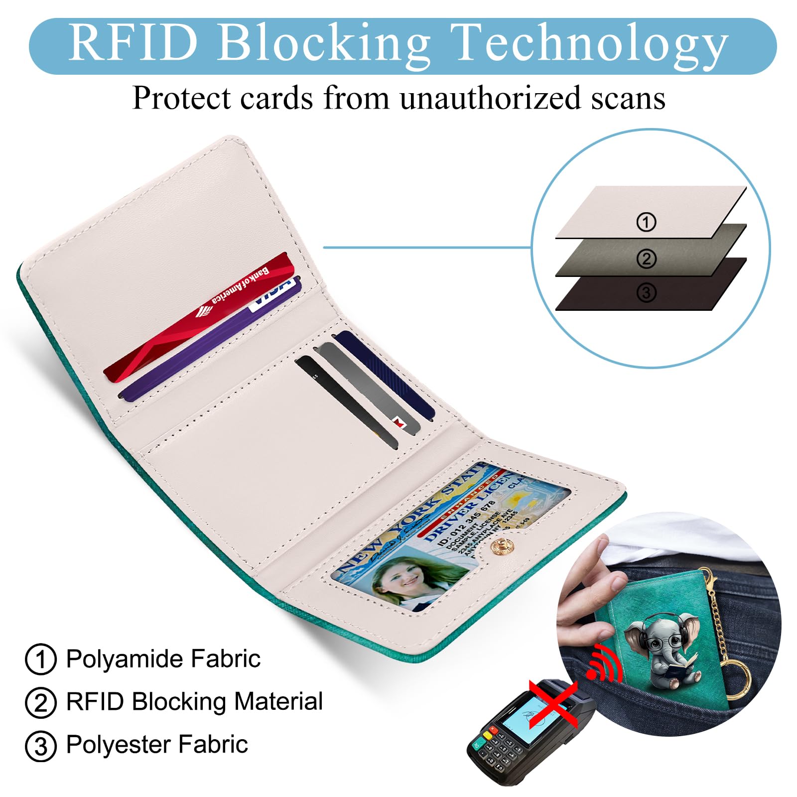 Jogjam Cartera pequeña y delgada con bloqueo RFID, cartera de piel sintética triple con llavero, mini bolsillo para dinero en efectivo con 7 ranuras para tarjetas, ventana de identificación para niñas