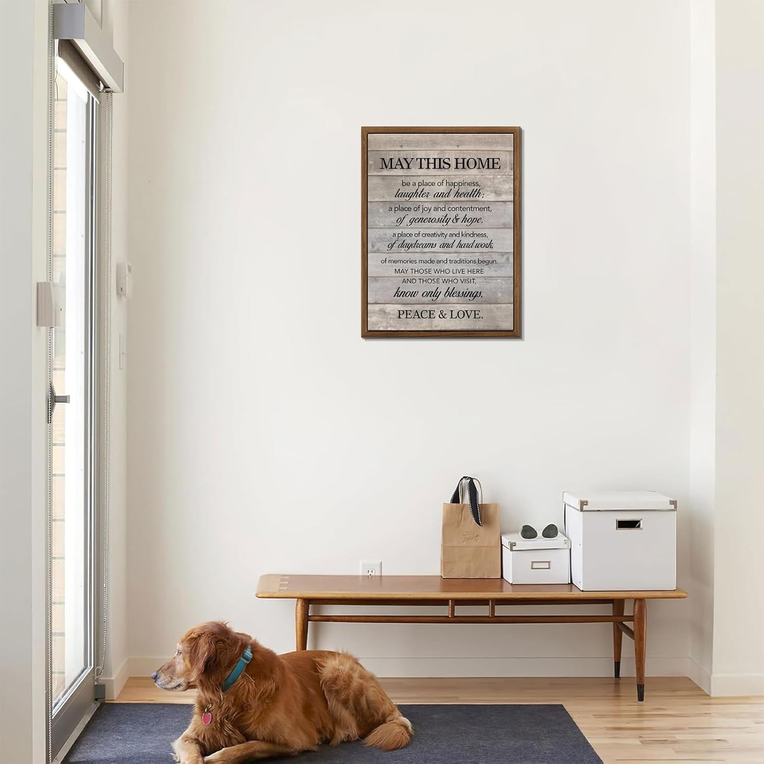 Framed Inspirational Wall Art May This Home Be a Place of Happiness Quote Wall Decor New Home Poster House Warming Gifts for Bedroom Living Room Word Artwork 12x16 Inch