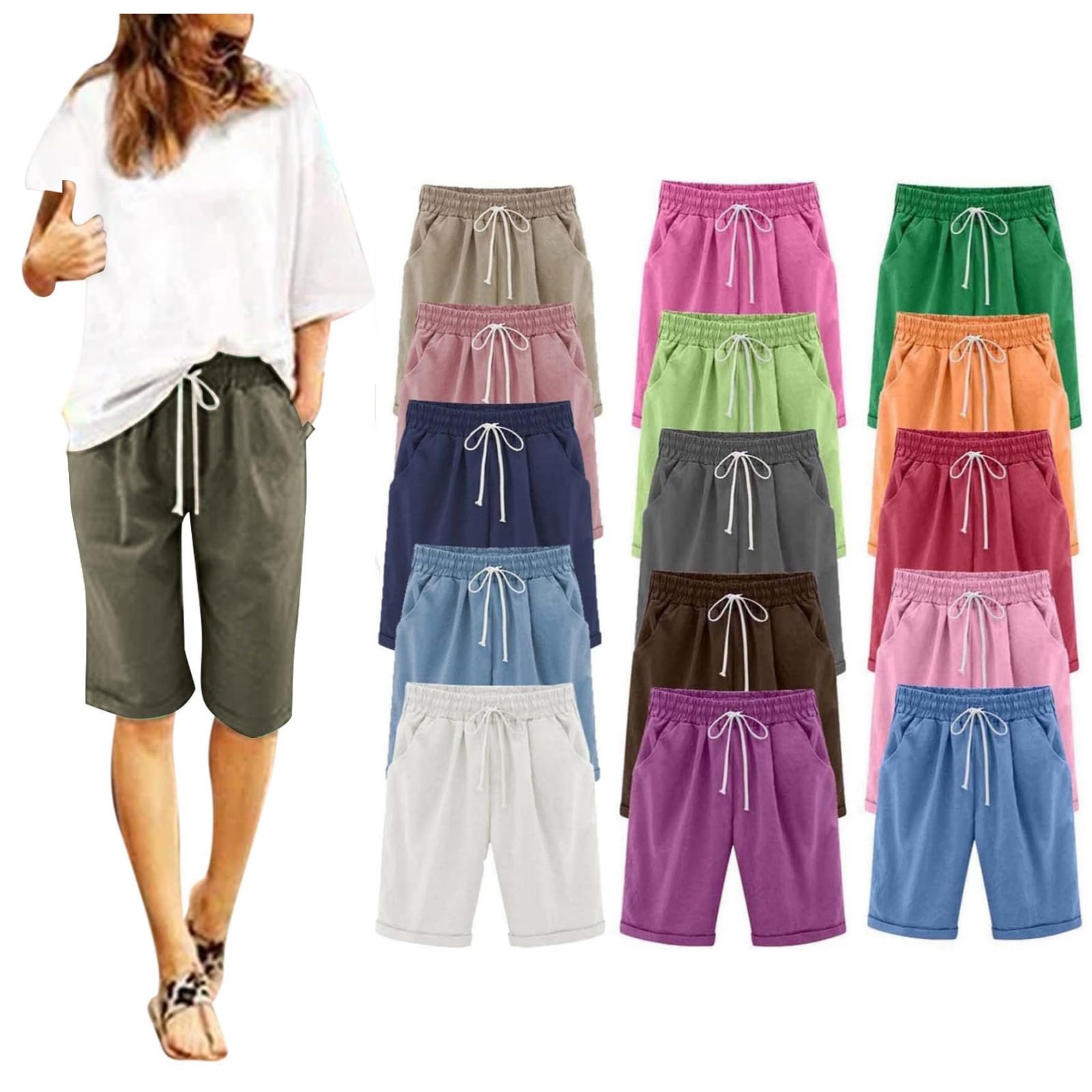 Women's Knee Length Bermuda Shorts Elastic Waist Drawstring Casual 10" Long Shorts Loose Fit Summer Beach Shorts