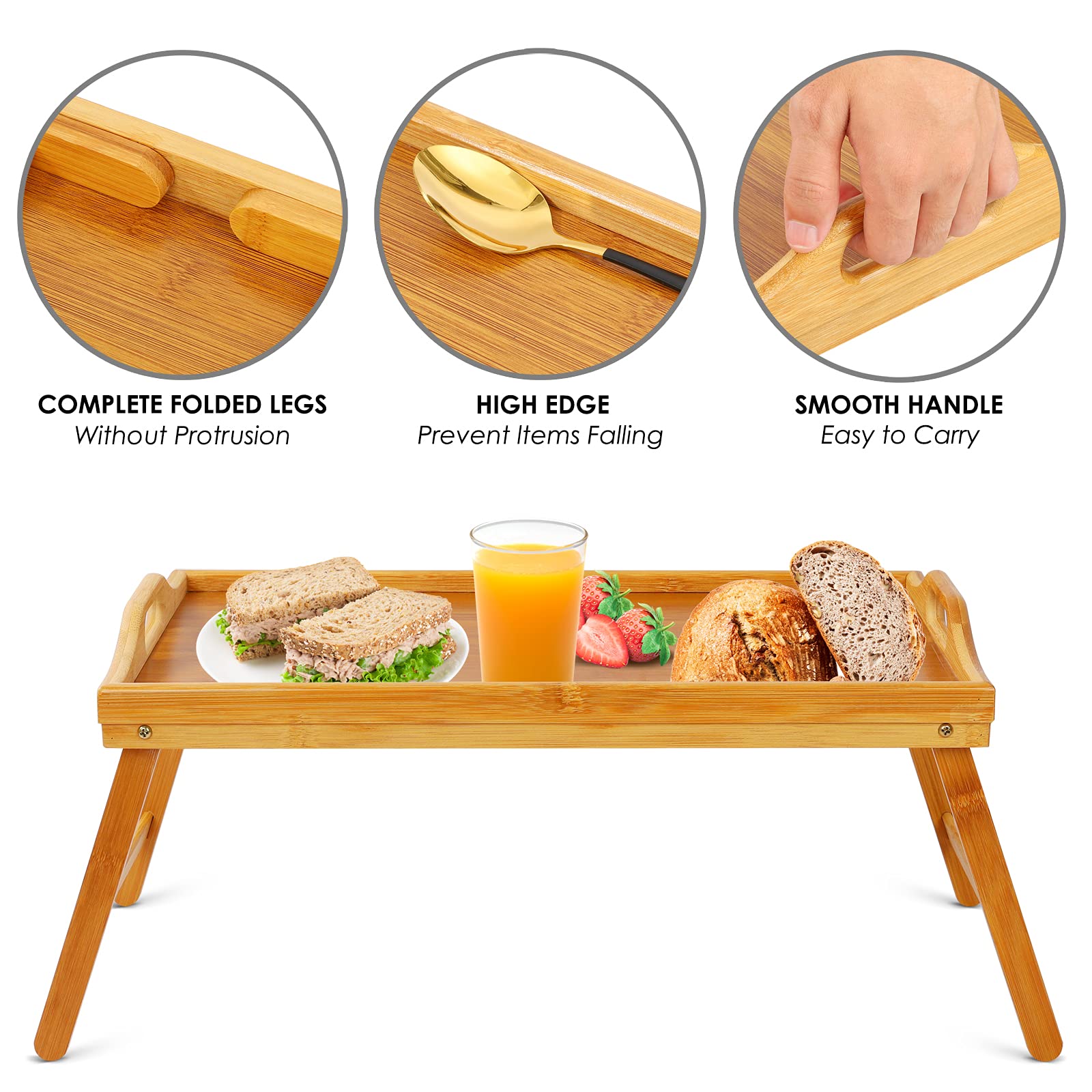 Vassoio per colazione in legno di bambù naturale, vassoio da portata con gambe pieghevoli e maniglie