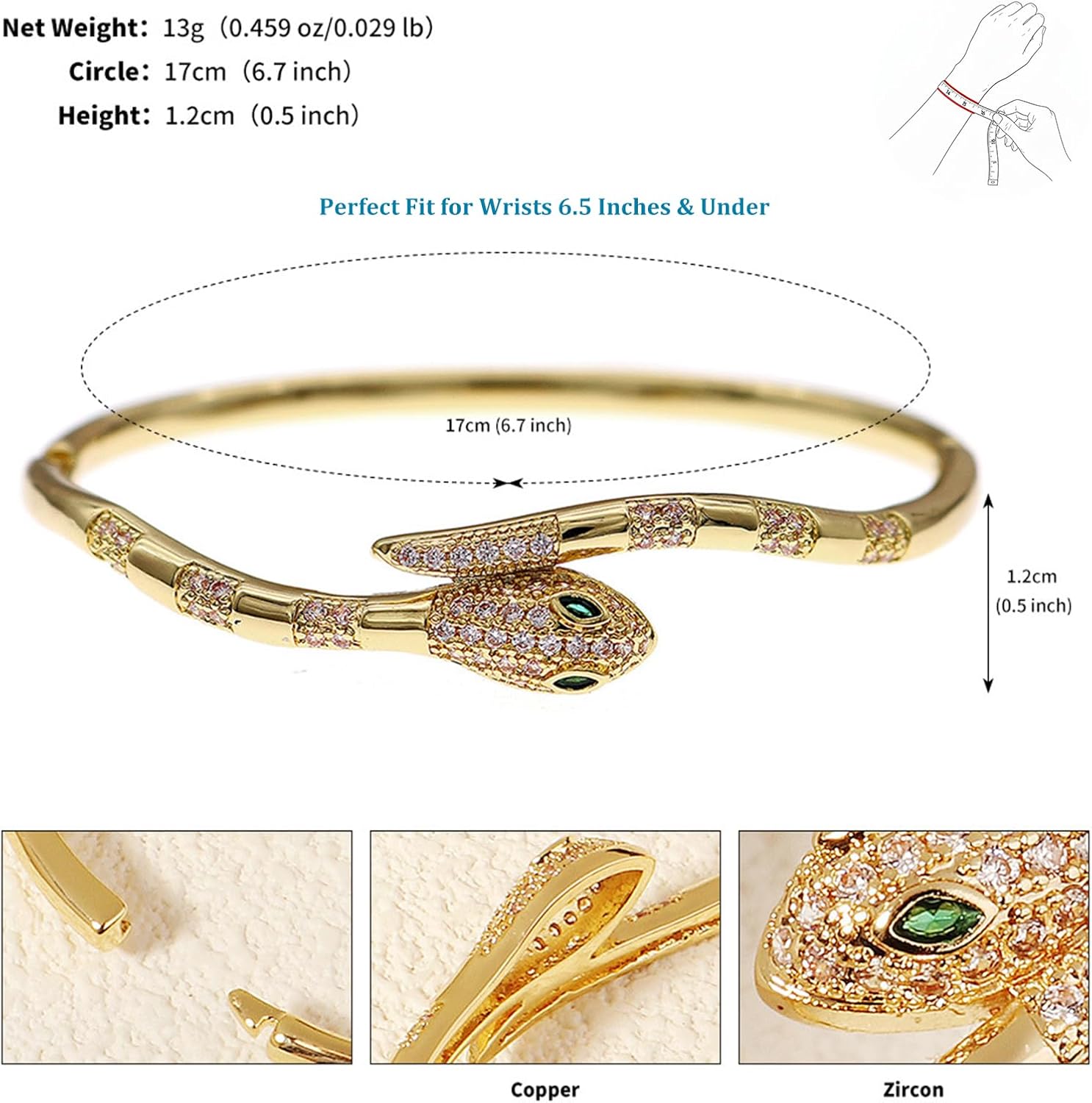 18K Gold Plated Nail and Snake Copper Bracelet for Women Dainty Jewelry Gift Perfect for Small/Petite/Medium Wrist Cuff Bangle - Image 2
