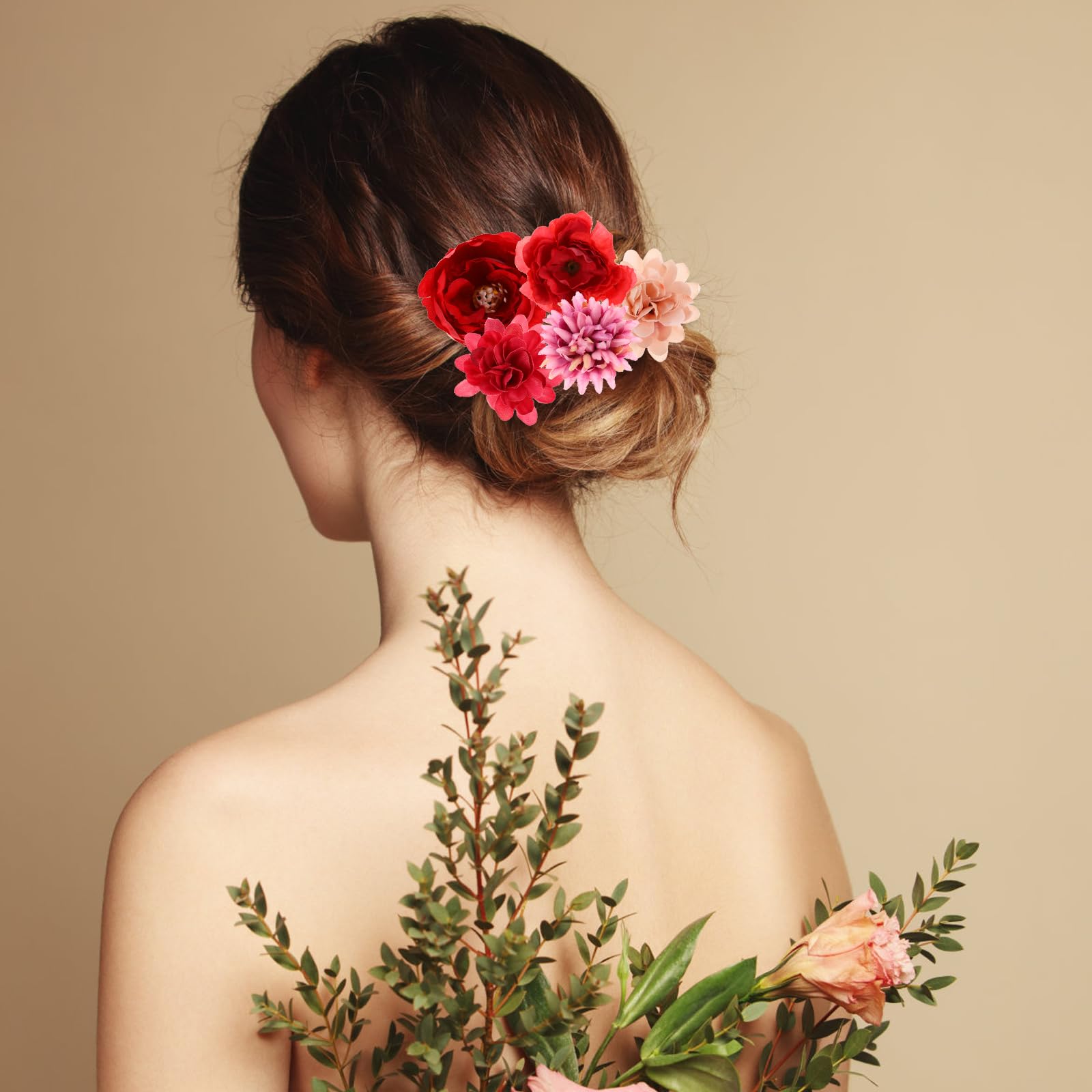 2 fermagli per capelli con piume e fiori, grandi