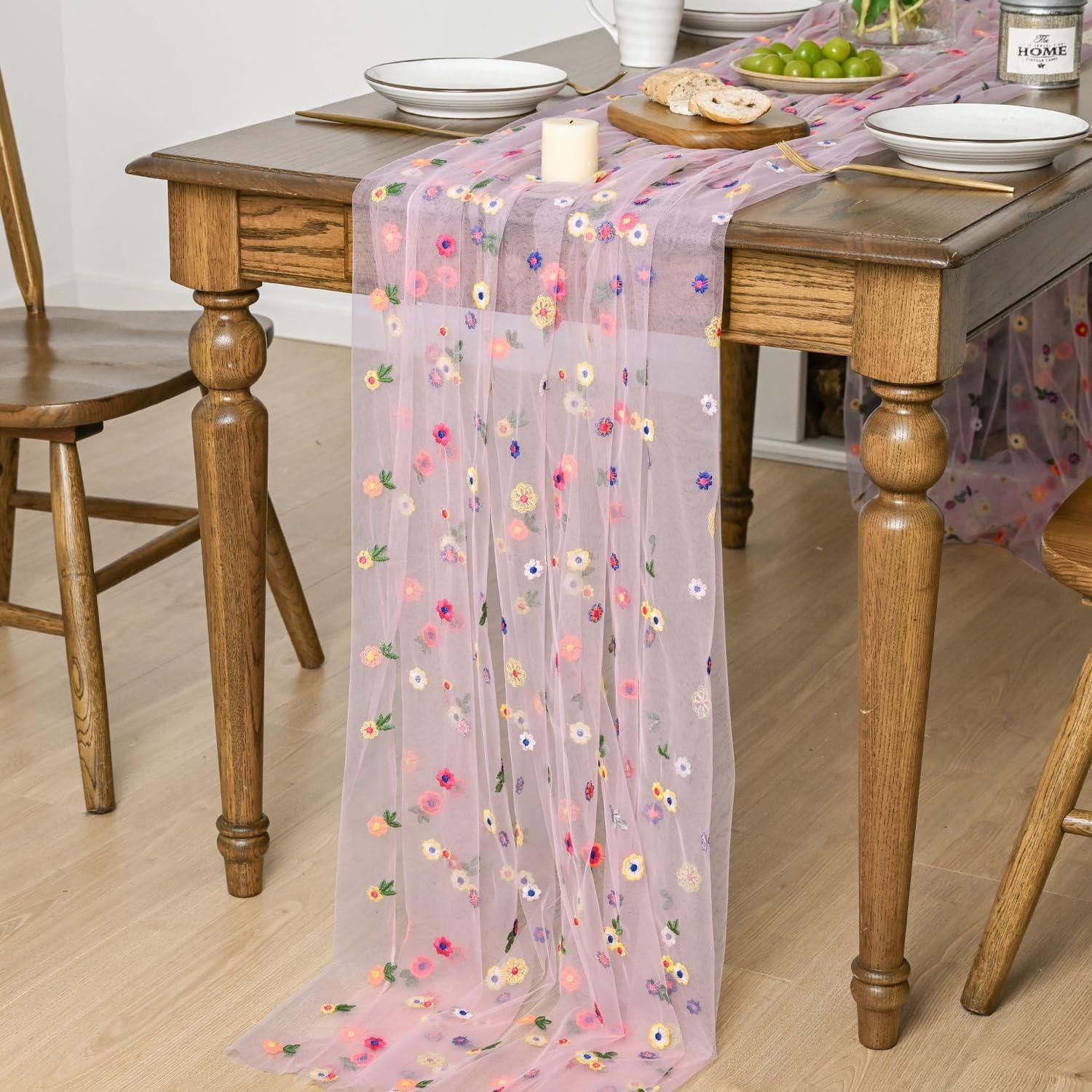 Horaldaily Pink Embroidery Floral Spring Summer Gauze Tablecloth 60×140 Inch Rectangular, Wildflower Seasonal Tulle Table Cover, Garden Party Decor for Wedding, Party, Holiday Dining