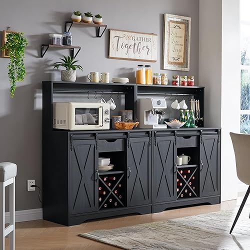 Miniatura 4 de Wnutrees Gabinete de Barra de Café Estilo Granja con Estación de Carga y Puertos USB, Puerta Corrediza de Granero, Alacena de Cocina Aparador de