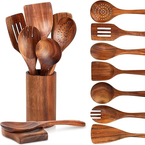 Miniatura 5 de Juego de espátulas de madera  9 piezas de acacia  Colección de utensilios de cocina  Herramientas de cocina naturales para hornear servir mezcla y