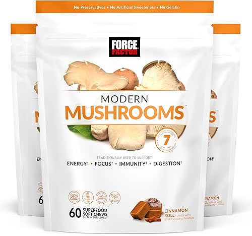 Force Factor Modern Mushrooms Soft Chews, suplemento de hongos con melena de león, cola de pavo y cordyceps para apoyar la energía, la inmunidad y