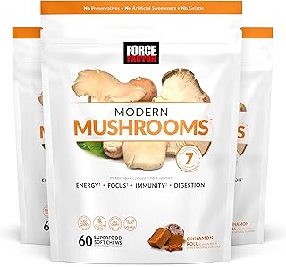 Force Factor Modern Mushrooms Soft Chews, Mushroom Supplement with Lions Mane, Turkey Tail, & Cordyceps to Support Energy, Immunity, & Digestion, Cinnamon Roll, 180 Soft Chews, 3-Pack