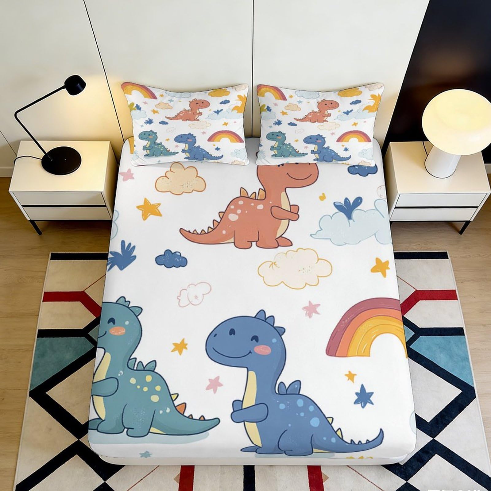 3D Printed Cartoon Dinosaur Fitted Sheet Microfiber Rainbow Mattress Cover Anti-Slip Washable Decor for Bedroom Guest Room 120x200x25cm