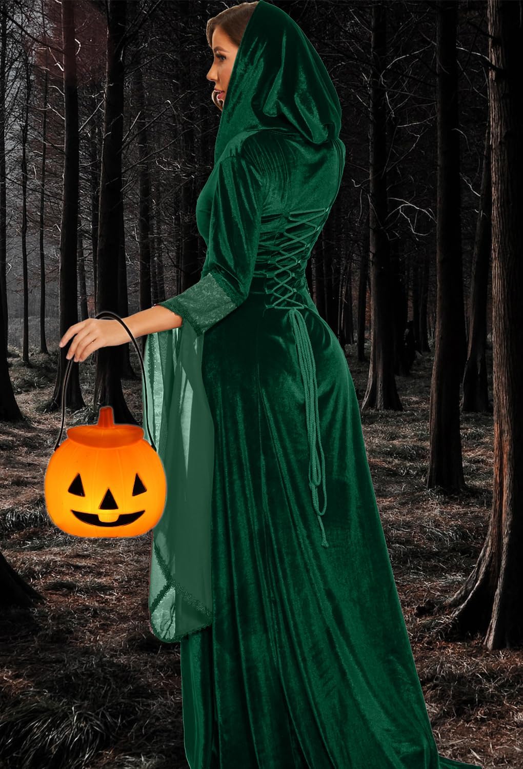 BITSEACOCO Women Deluxe Witch Dress Costume, Vintage Embroidered Renaissance Gothic Hooded Vampire Gown Dress Cosplay - Image 6