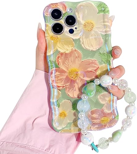 Miniatura 1 de NITITOP Funda compatible con iPhone 13 Pro Max, bonita funda de pulsera con flores de aceite y correa de muñeca con cordón verde para mujeres y