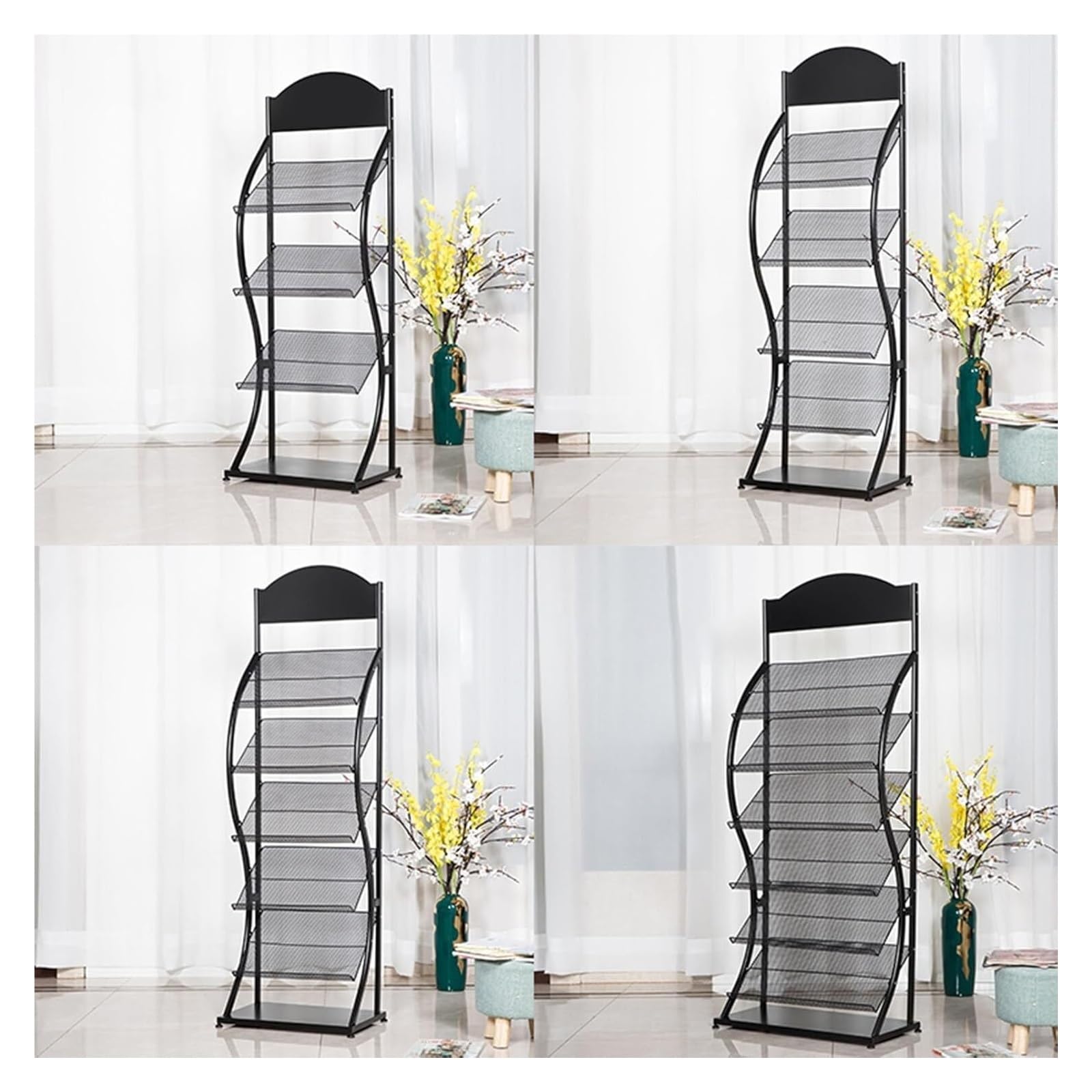 Zeitschriftenregal, bodenstehender Zeitschriftenständer, Zeitschriftenhalter aus Metall, Bücherregal, Literaturaufbewahrungsorganisator, Präsentationsständer for das Wartezimmer im Home Office(Black,7