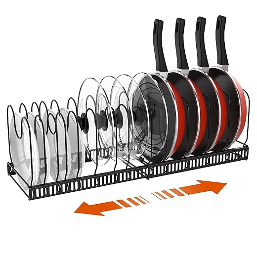 Housolution Pan Holder for Drawer, Expandable Pot Lid Holder with 14 Adjustable Dividers, Pot Lid Storage, Pans Organiser, Lid Holder for Kitchen, Black