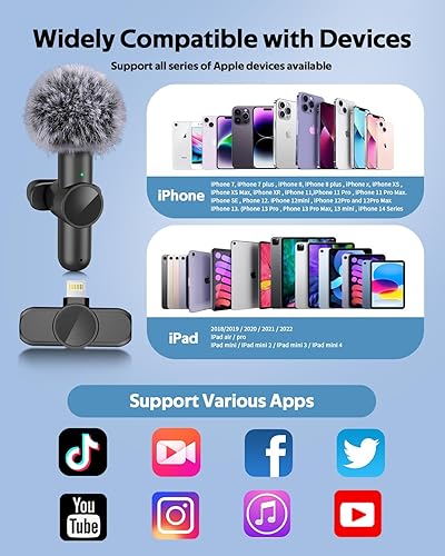 Miniatura 6 de Micrófono Lavalier inalámbrico para iPhone iPad, micrófono de solapa inalámbrico omnidireccional pequeño profesional inalámbrico para grabación de