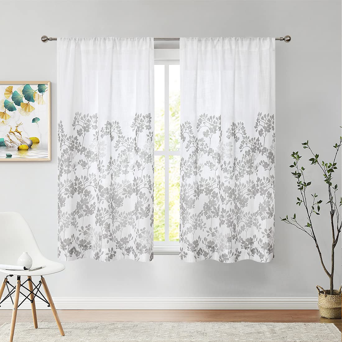Metro Parlor Floral Semi Sheer Farmhouse Botanical Curtain 45 Inch Length for Living Room Bedroom, Grey Leaf Printed on White Linen Textured Rod Pocket Window Drapes, 42" W 2 Panels