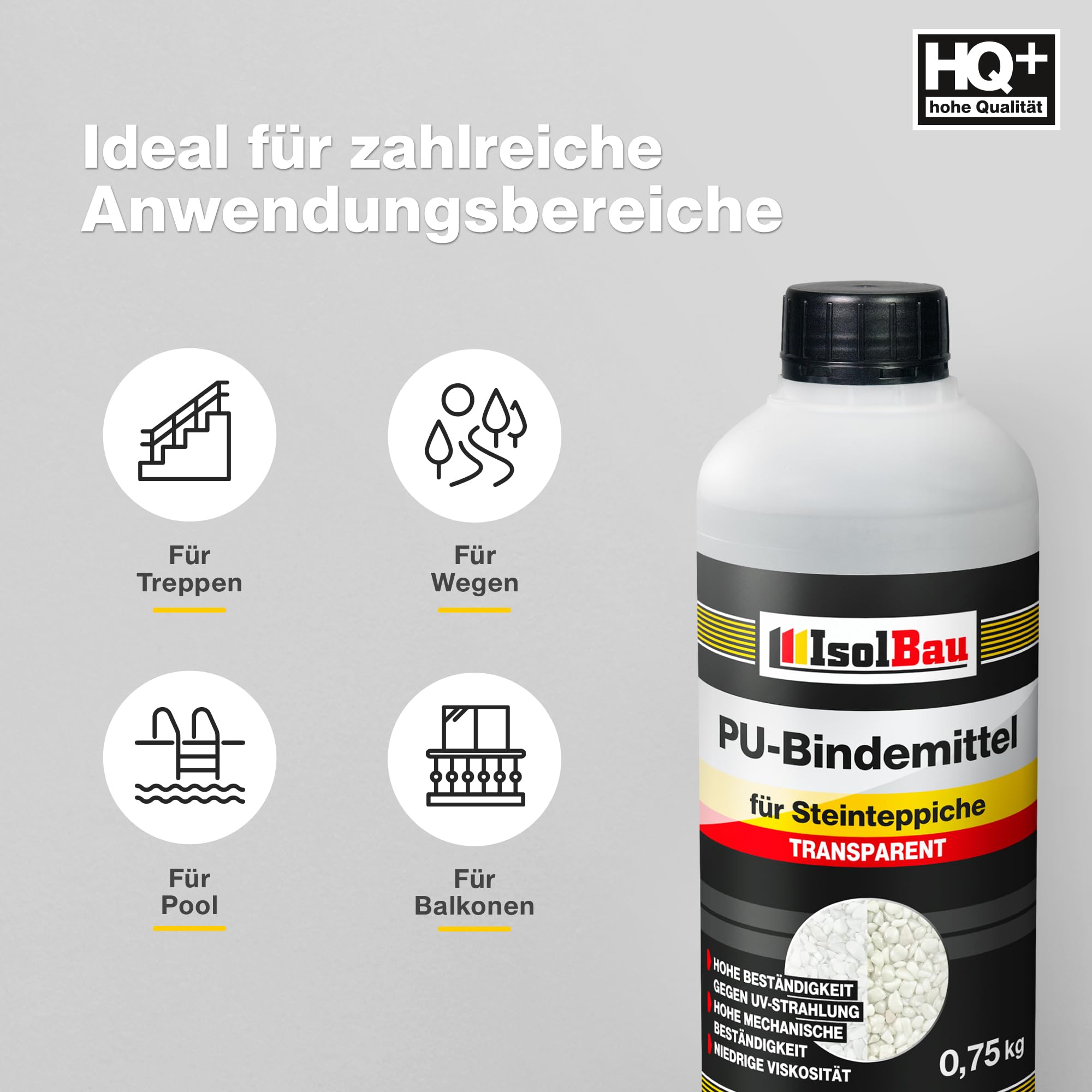 Isolbau - 1 K PU-Bindemittel für Steinteppich - 0,75 kg - Transparent - Hervorragende Haftung & Elastizität - Gebrauchsfertig - für Innen- und Außenbereich - Treppen, Balkonen, Garten, Wegen
