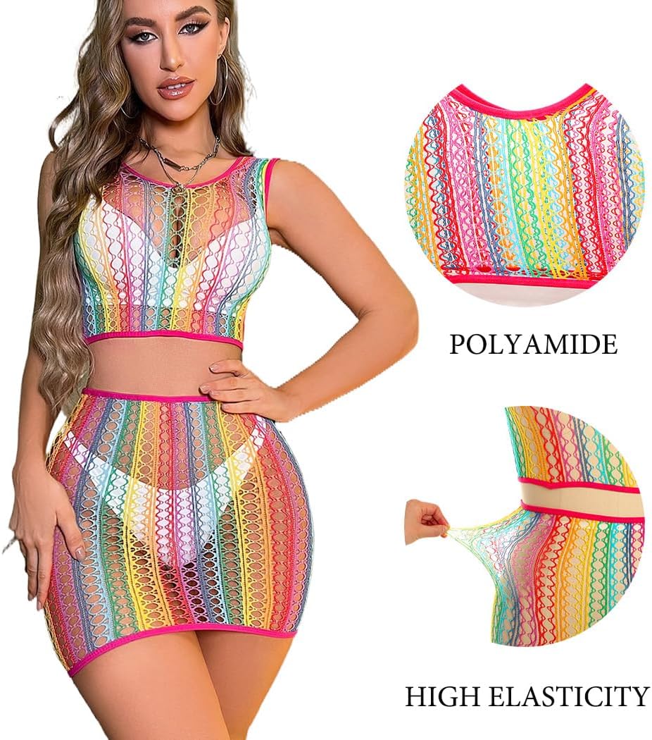 Abien Women Lingerie Set Rainbow Babydoll Chemise Mesh Fishnet Lingerie Teddy Dress Bodysuit Mesh Chemise Nightwear