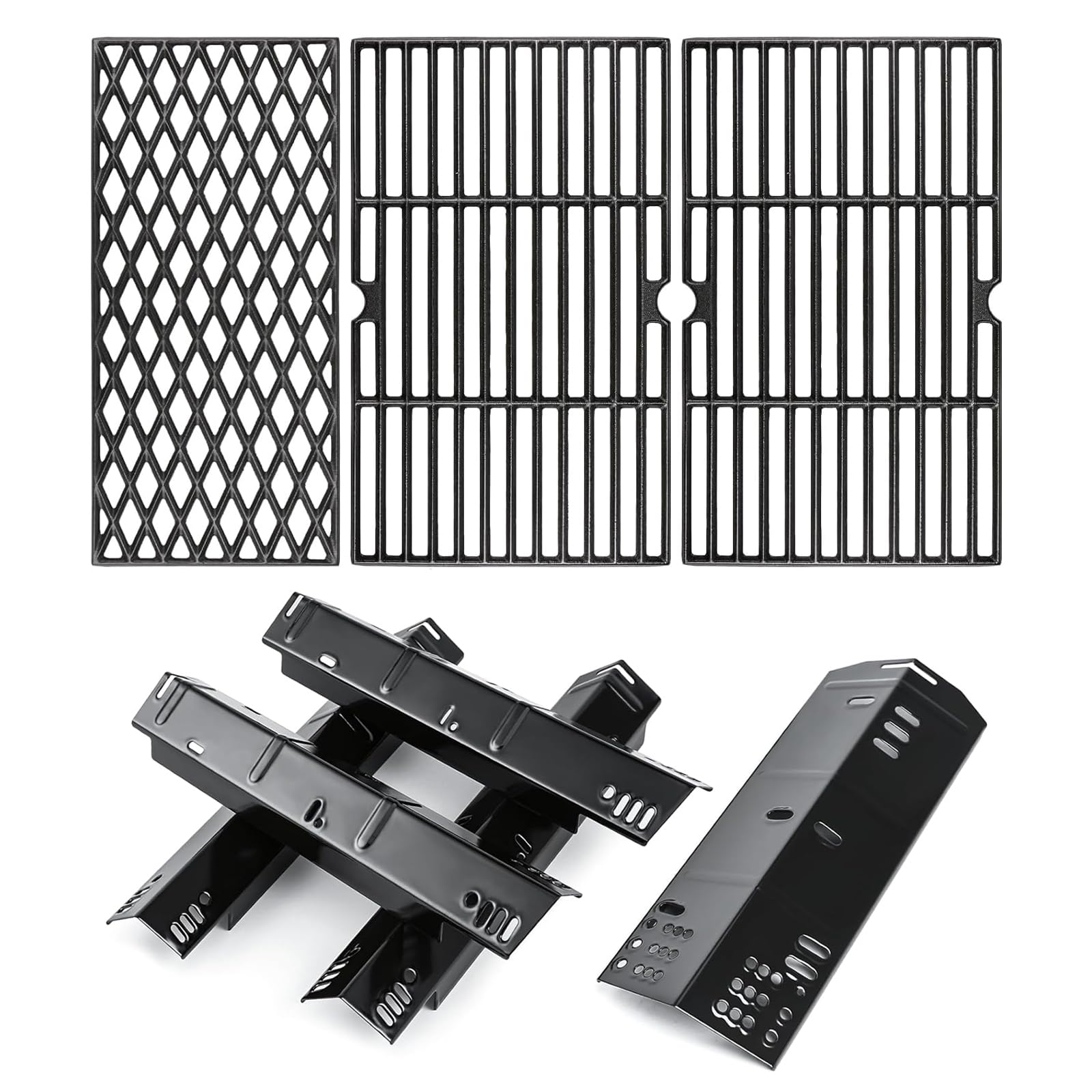 Hisencn Grill Replacement Part for Dyna Glo DGH474CRP DGH485CRP 5 Burner Grill, Porcelain Steel Heat Plate Tents 5 Pack, Cast Iron Cooking Grates 3 Pack for Dyna Glo 5 Burner Gas Grill