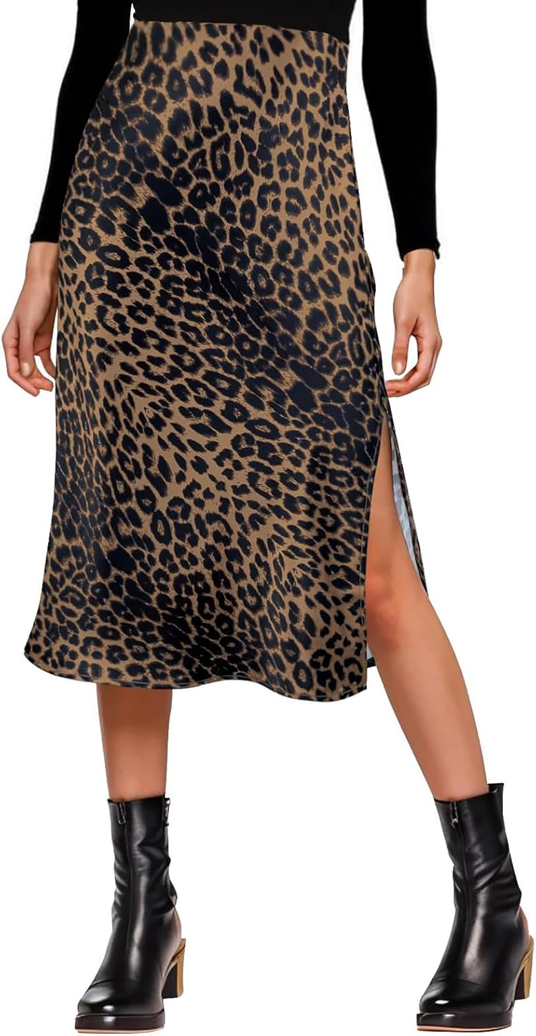 Womens Satin Silk High Waist Slit Midi Skirt Elastic Waistband Midi Skirts for Women