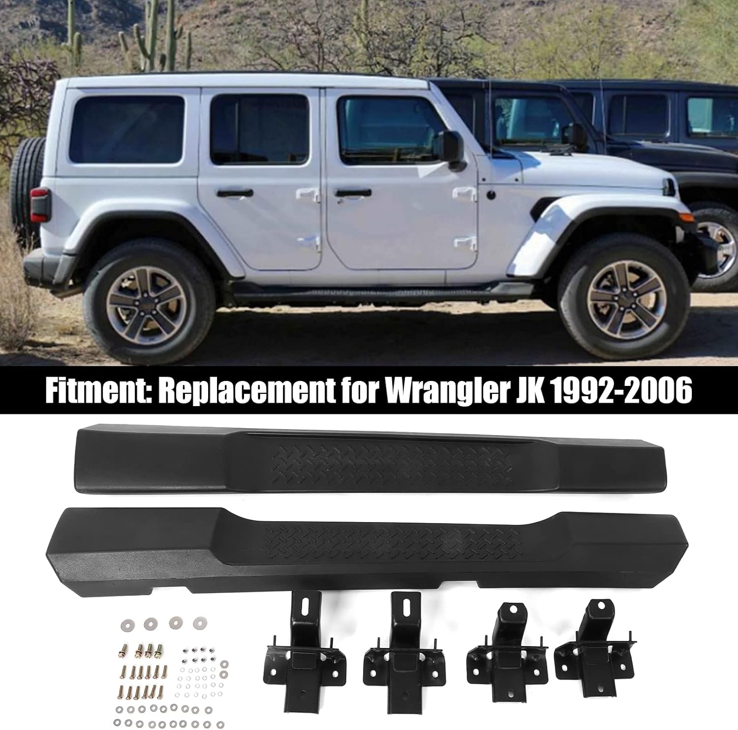 2-Pack Car Door Sill Scuff Plate Protector with Welcome Pedal, Fits JK 1992-2006, Black ABS & Iron