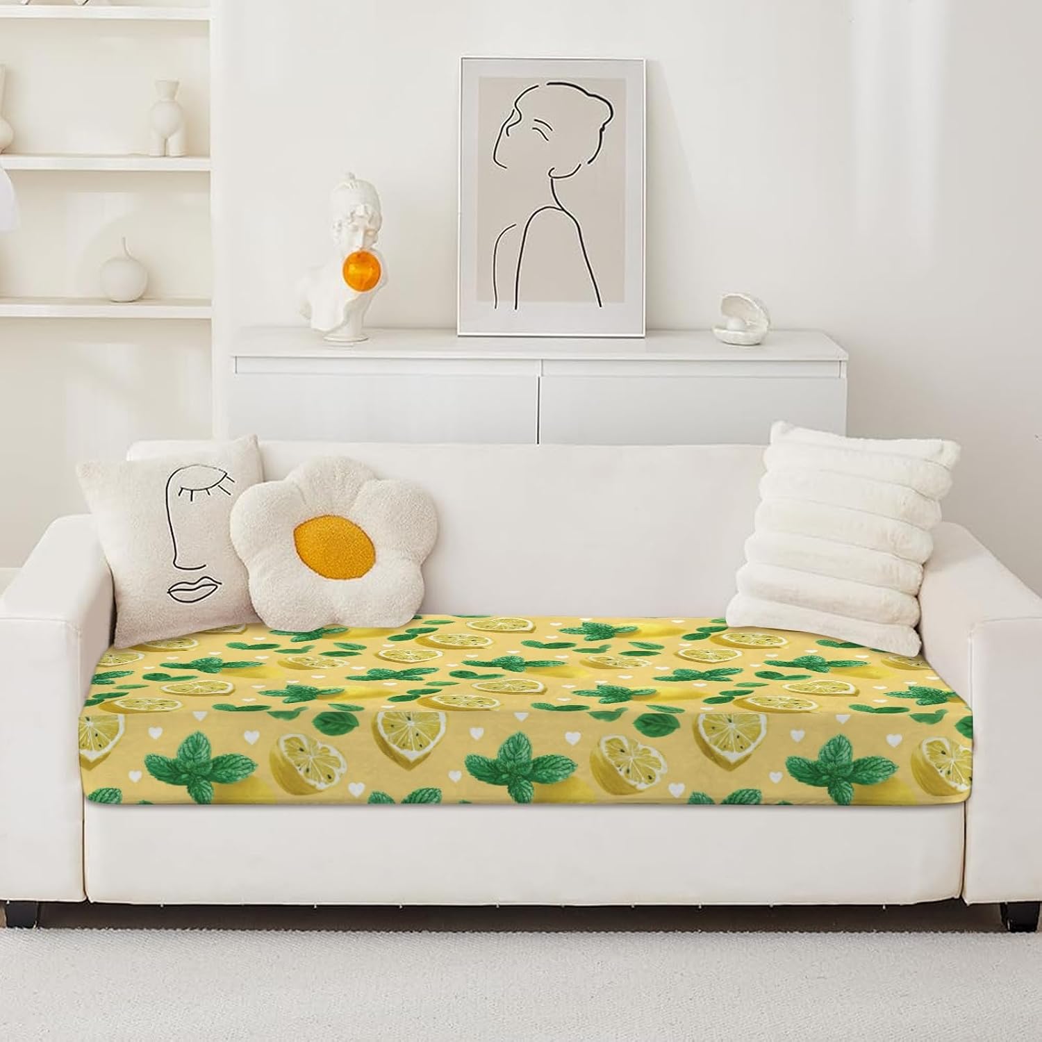 Lemon Mint Hearts Loveseat Covers Couch Covers for 2 Cushion Couch, 2-Piece Stretch Sofa Slipcovers Anti-Slip Washable Furniture Protectors for Dogs Pets