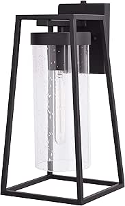 VAXCEL Nash 15.75 in. H 1-Light Textured Black Dusk to Dawn Sensor Outdoor Wall Sconce, Durable Steel, Clear Seeded Glass Shade, LED Compatible for Exterior Porch Patio Front Door or Garage