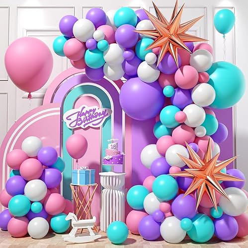 Kit de arco de globos rosa, morado y azul, guirnalda de globos rosa morado con globos de látex rosa, azul, morado, blanco, globos de papel de