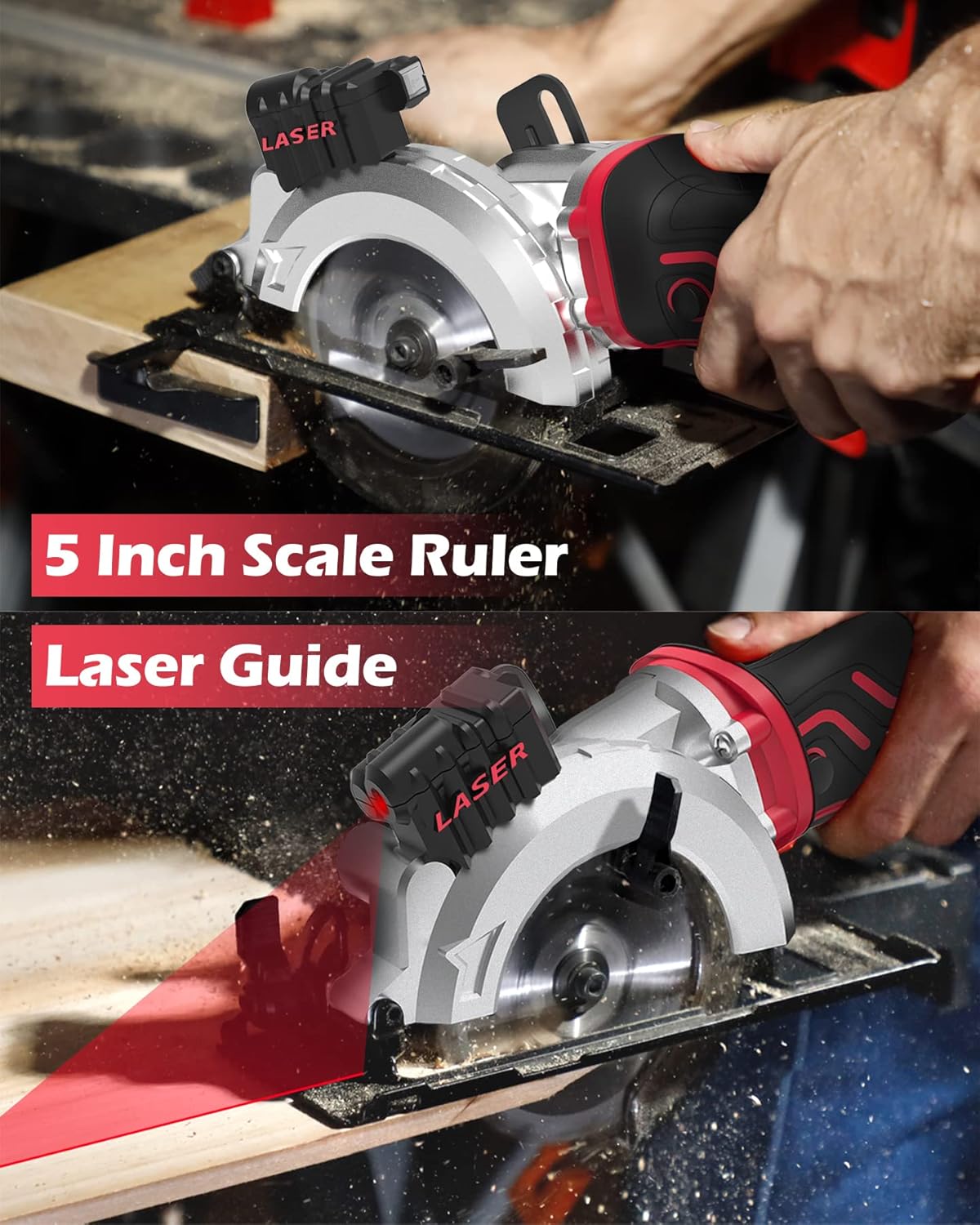 PowerSmart Mini Circular Saw, 5.8 Amp 4-1/2 Inch Compact Circular Saw with Laser Guide, 6 Blades, 3500 RPM, Max Cutting Depth 1-11/16"(90°), 1-1/8"(45°), Ideal for Woods, Tile, Soft Metal Cuts - - 