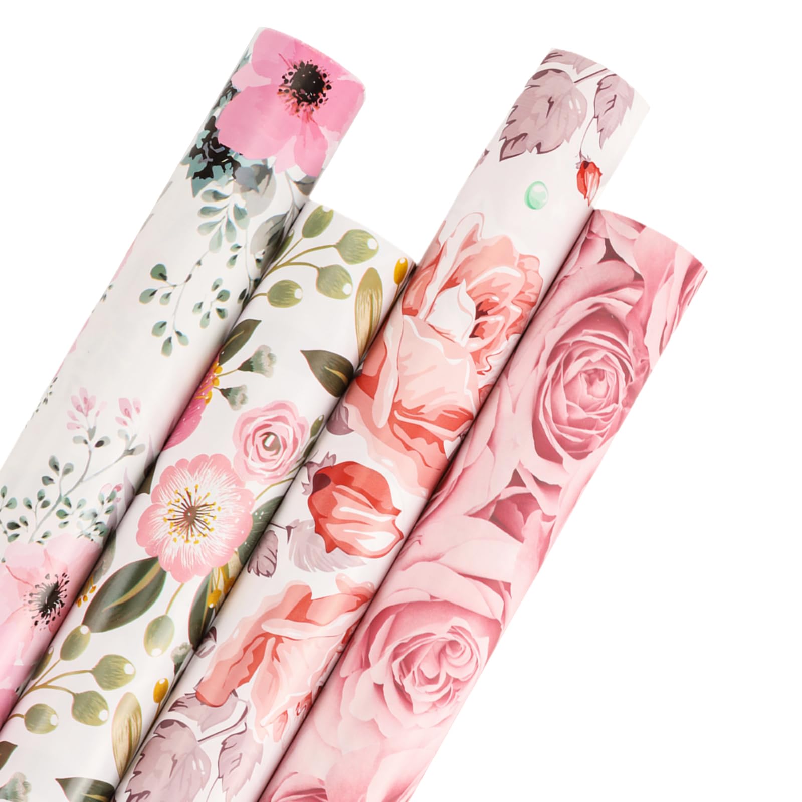BIOBROWN Floral Wrapping Paper Set - 30 Inch x 10 Feet (4 Rolls: 100 sq. ft. ttl.) Pink Floral Rose Design Perfect for Wedding, Bridal Showers, Valentine's Day, Birthday