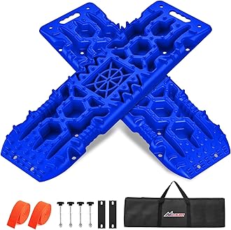 Recovery Off-road Traction Boards with Jack Lift Base Emergency Tire Ladder Mats For 4WD 4X4 Mud Sand Snow with 2PCS Mounting kit Carry Bag 2 leashes (Blue)