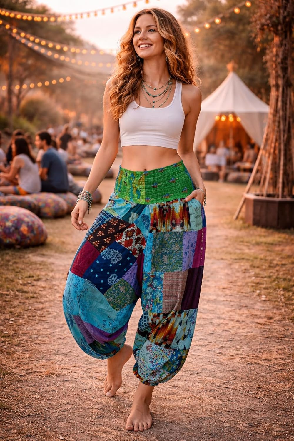 Tribe Azure 100% Cotton Casual Pants Patchwork Comfortable Baggy Yoga Hippie Boho Colorful