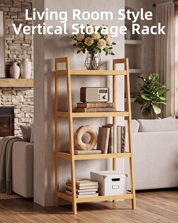 SMIBUY Bamboo Ladder Bookcase, Bathroom Storage Rack Organizer, 4 Tier and 5 Tier Freestanding Plant Display Stand Space Saver Shelves for Bedroom, Kitchen, Balcony (Natural, 4 Tiers (39 H))