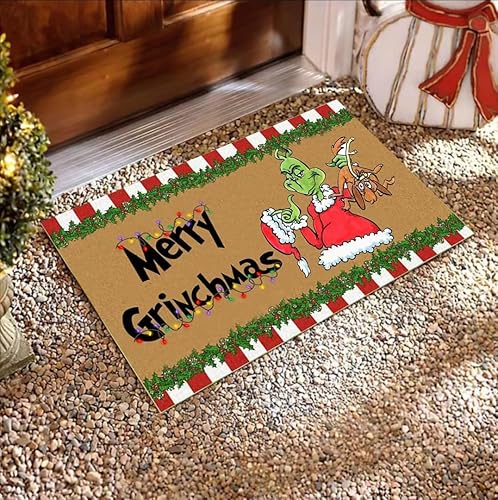 Miniatura 4 de Tapete de puerta de Grinch con texto en inglés "Merry Christmas", tapete antideslizante que absorbe el agua, para interiores y exteriores, baño,