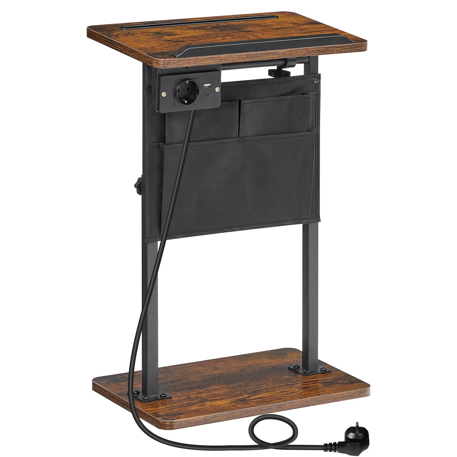 HOOBRO Mesa Auxiliar de Altura Regulable Entre 50,5-75,5 cm y Base de Carga, Mesa de Sofá con Tablero Inclinable, Mesita de Noche con Bolsas y Ranura para Tabletas, Marrón Vintage y Negro EBF435CBZ01
