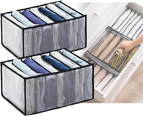 Organizador de ropa para armario, organizador de cajones de jeans lavable con 7 rejillas con caja de almacenamiento de compartimento, cajón plegable