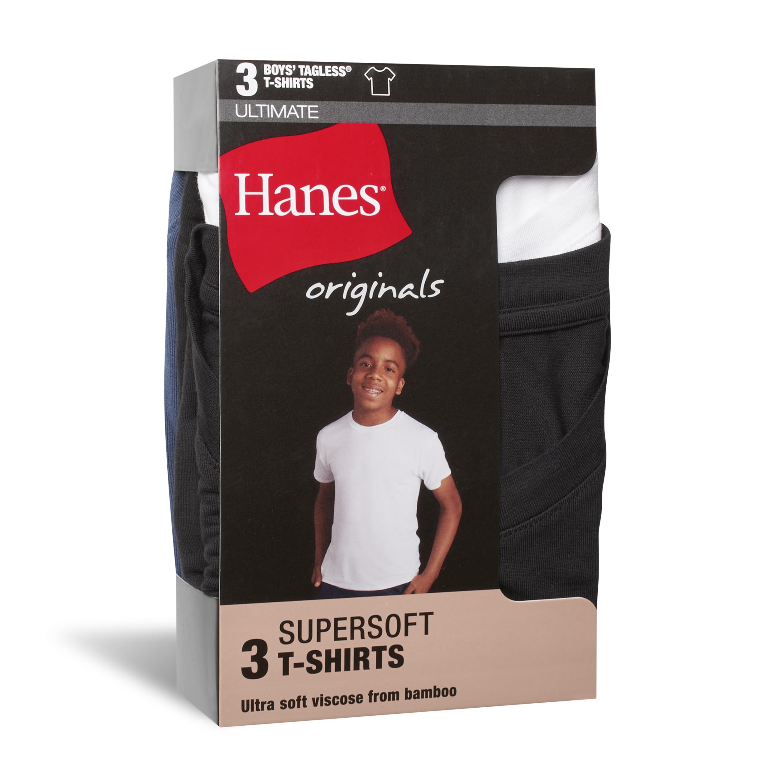 Hanes Originals Super miękkie koszulki chłopięce, zestaw 3 sztuk, odprowadzające wilgoć, czarno-białe/niebieskie, zestaw 3 sztuk, L, Czarny/Biały/Niebieski Zestaw 3 szt, L