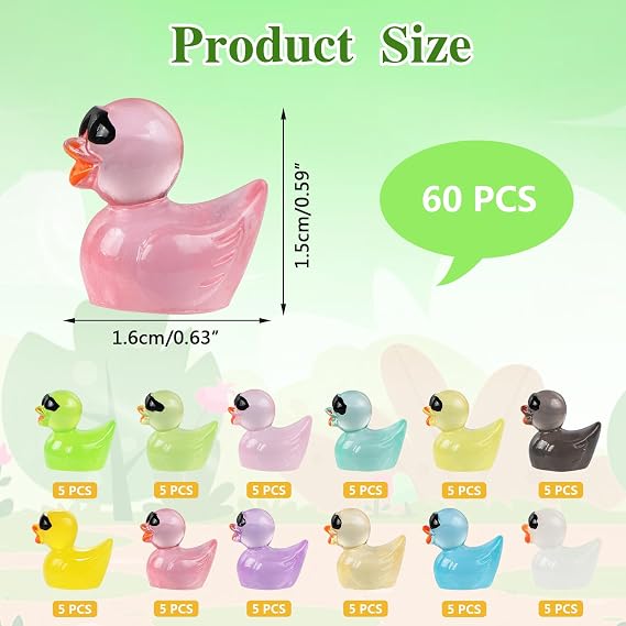 12 Colors Luminous Resin Tiny Ducks With Sunglasses 60pcs Mini Resin Duck Statues Colorful Glowing Resin Duckling with box for Aquarium Garden Landscape Christmas Birthday Party