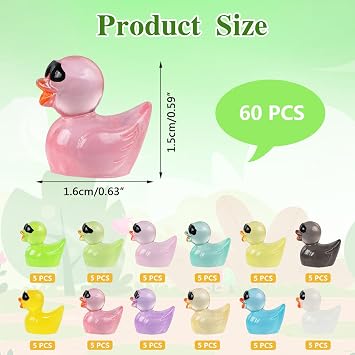12 Colors Luminous Resin Tiny Ducks With Sunglasses 60pcs Mini Resin Duck Statues Colorful Glowing Resin Duckling with box for Aquarium Garden Landscape Christmas Birthday Party
