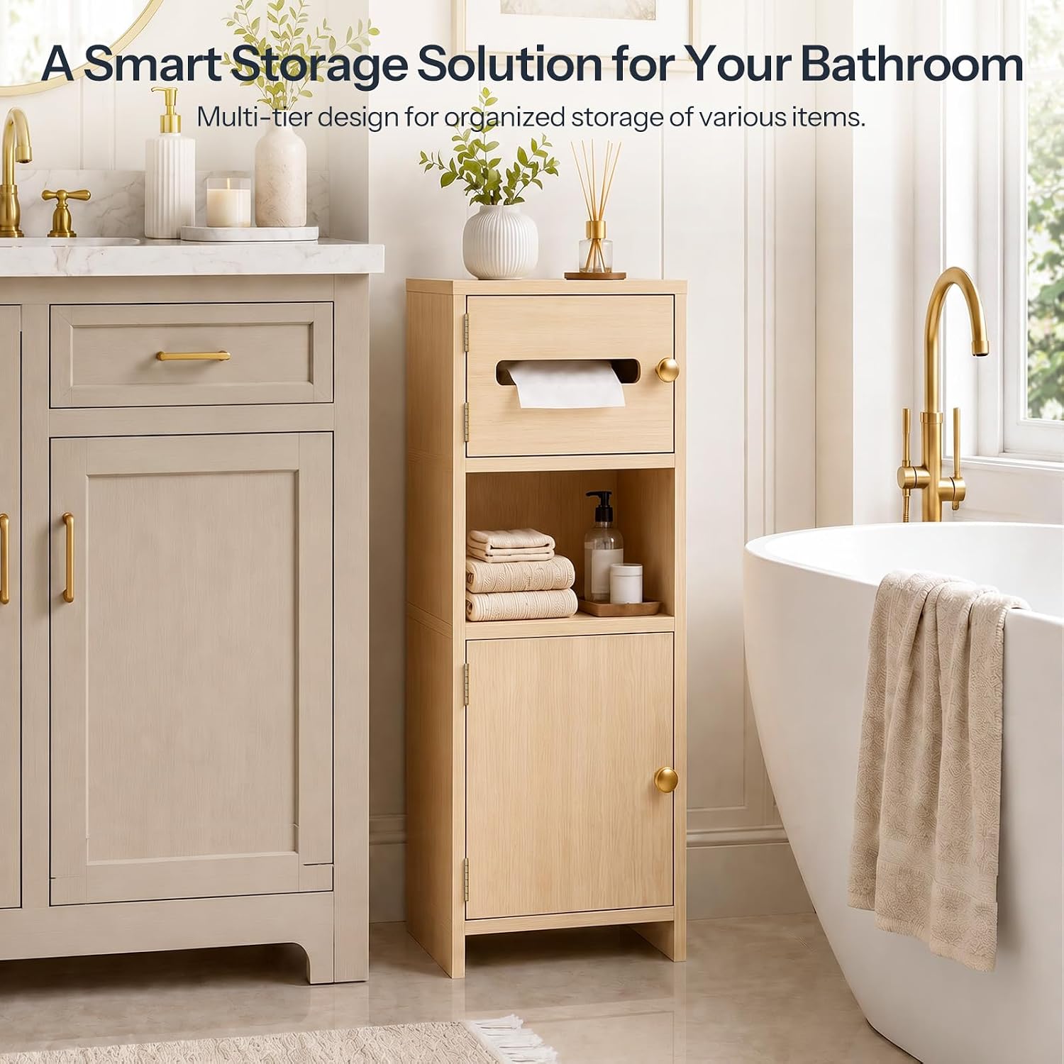 HOOBRO Small Bathroom Storage Cabinet, Wooden Slim Bathroom Organizer with Toilet Paper Cabinet, 9.8”W Space Saving Floor Cabinet with Adjustable Shelf, for Small Space, Bathroom, Natural
