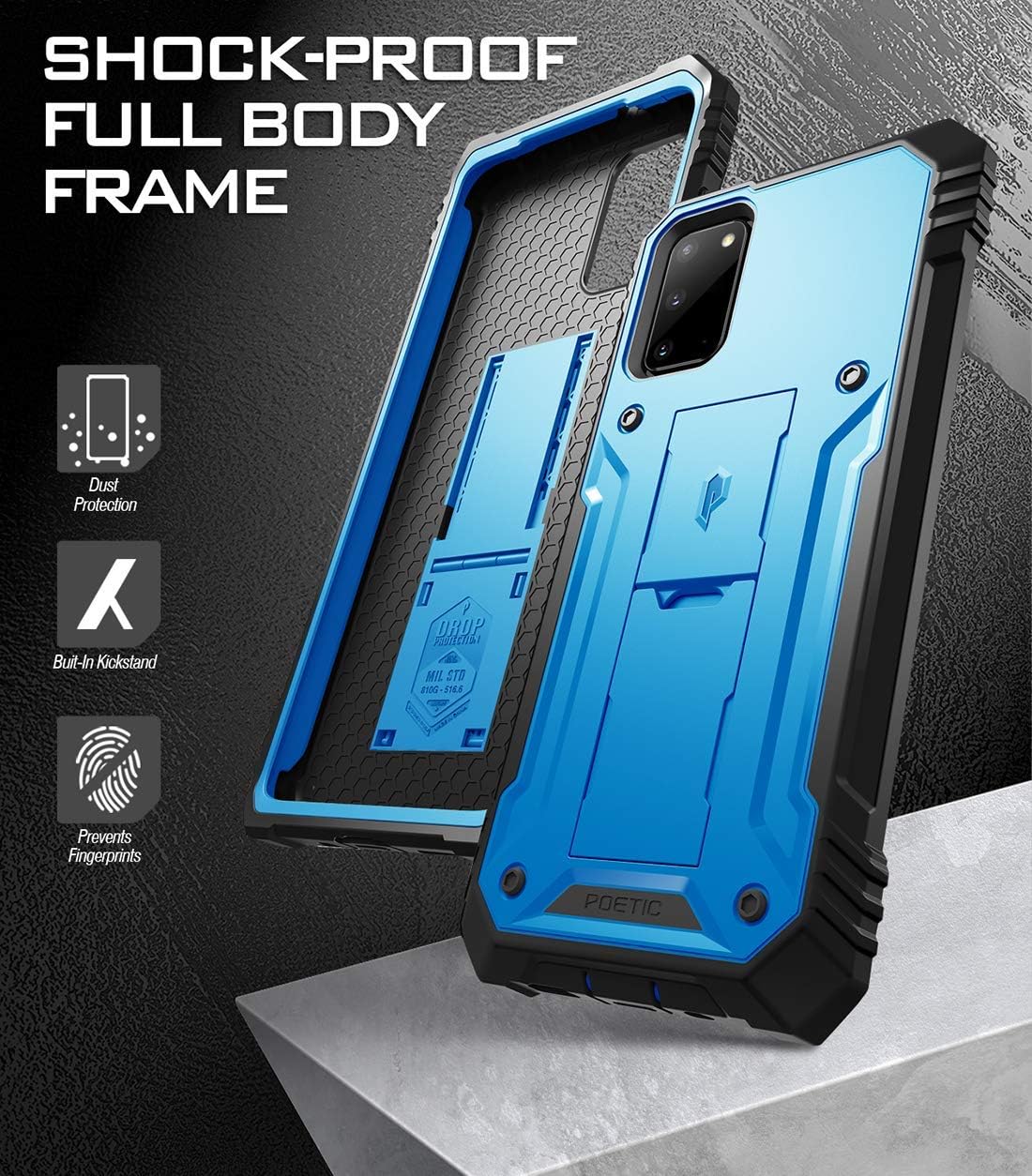 Poetic Revolution Series Designed for Samsung Galaxy S20 Case, Full-Body Rugged Dual-Layer Shockproof Protective Cover with Kickstand, Without Built-in-Screen Protector, Blue