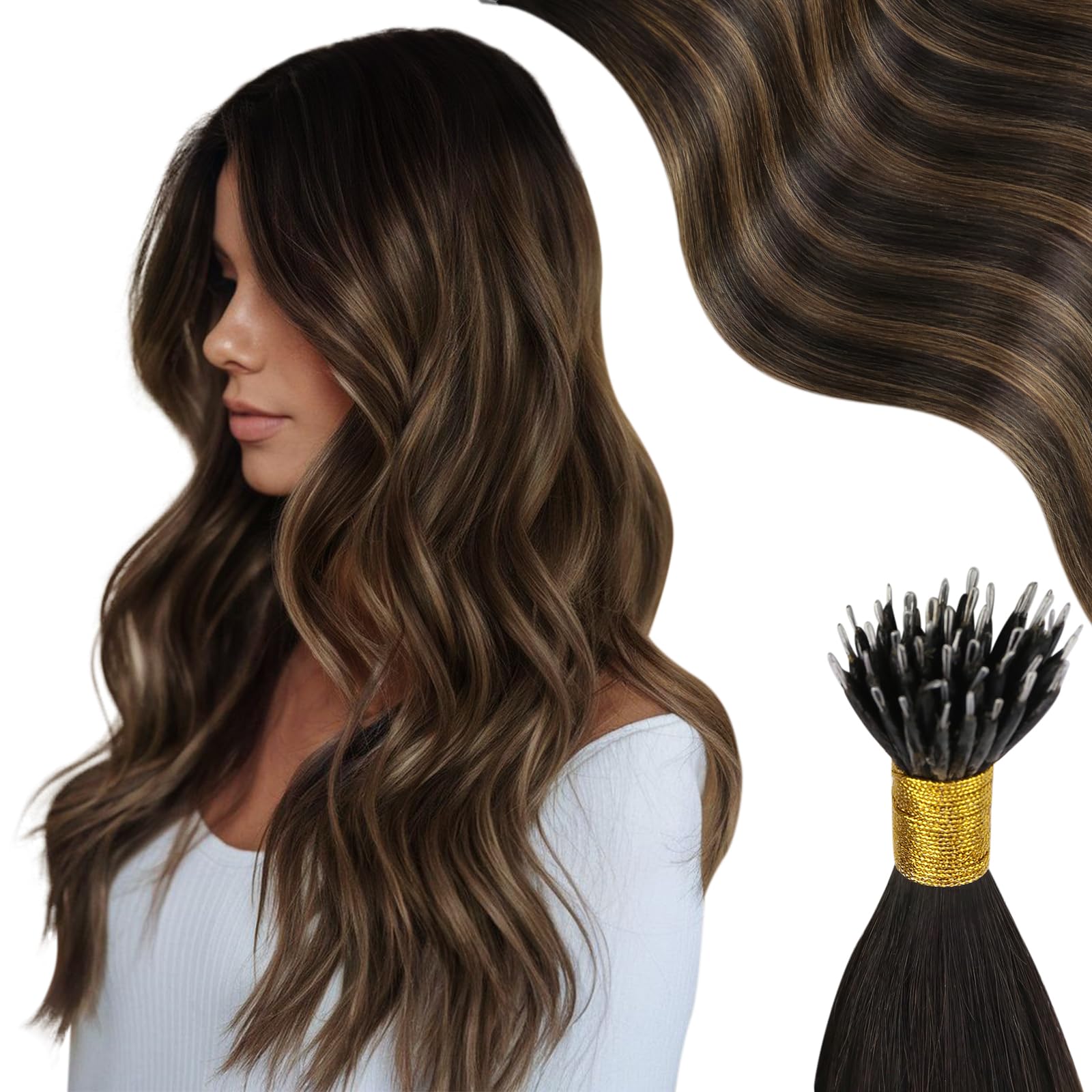 Moresoo Nano Hair Extension Real Human Hair 16 Inch Balayage Darkest Brown and Chestnut Brown Nano Ring Hair Extensions Cold Fusion Remy Human Lightweight for Daily Use 1g/s 50g/Pack #2/6/2