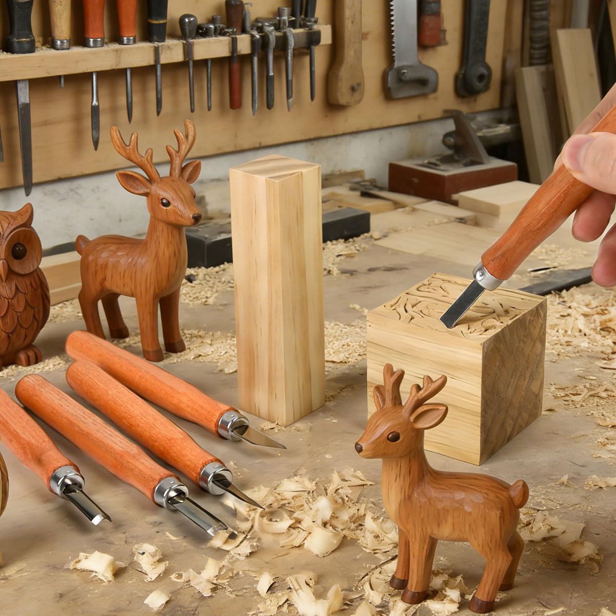 23pcs Kit Sculpture Bois, Kit de Sculpture Sur Bois avec 5 Couteaux à Détails, 4 Couteaux à Sculpter, 9 Bois à Sculpter, Pâte à Polir, Gants, Sac PU, Kit Sculpture Sur Bois, pour débutants&pros