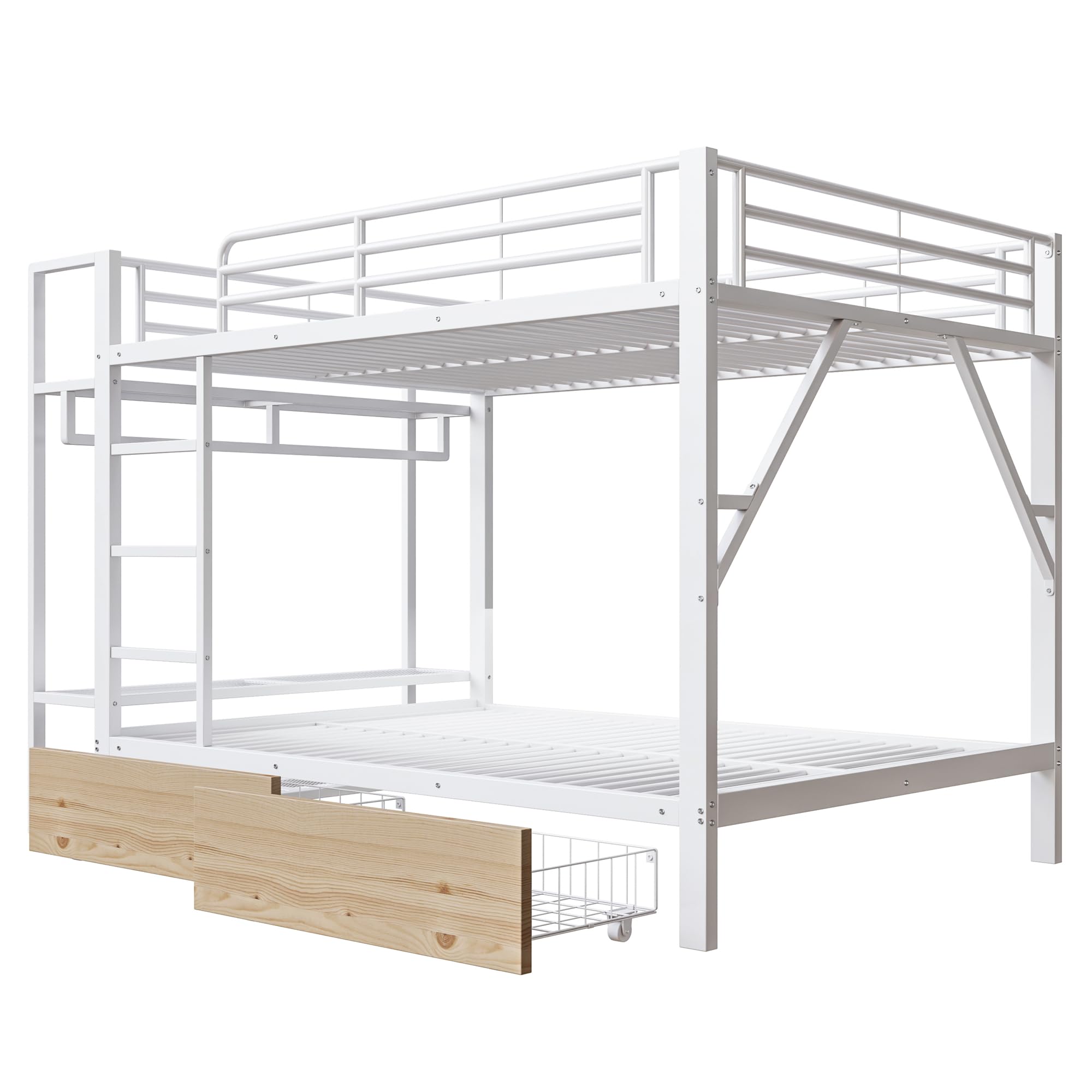 Letto a soppalco 140x200cm con striscia luminosa a LED e appendiabiti,metallo letto a castello con 2 cassetti e ripiani multipli,ferro letto matrimoniale,letti per ado,senza materasso,Bianco