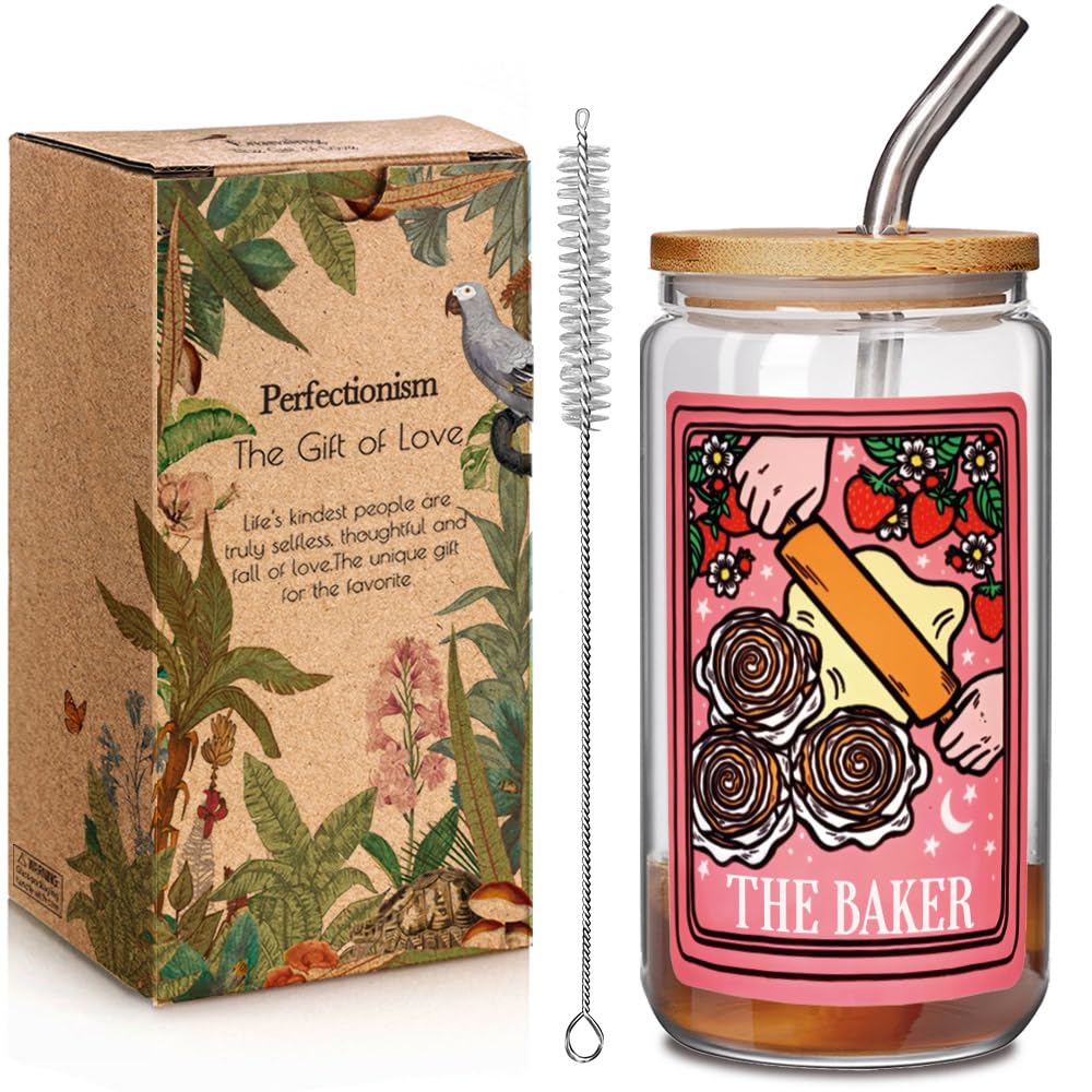 Strawberry Baking Tarot Drinking Glass Cup Baker Coffee Cup Cooking Gifts for Mom Best Friend Bestie, Sourdough Strawberry Baker Bread Baking Cups with Lids and Straws 16oz Gift for Mother's Day