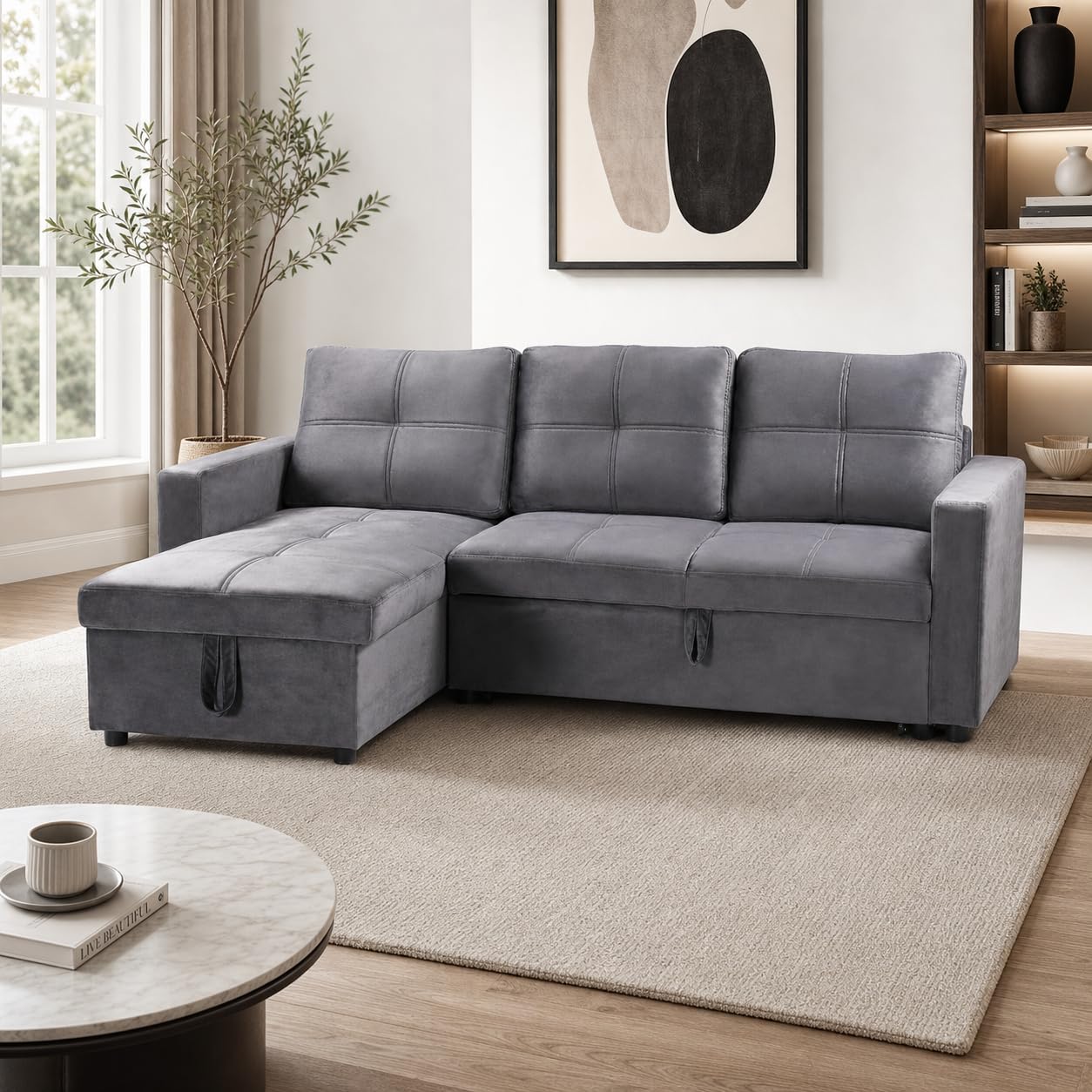 Sofá Cama Chaise Longue BOGA 3 Plazas Gris Terciopelo 215 x 135 cm - Cheslong Reversible con Arcón y Almacenamiento - Sistema de Arrastre - Tapizado Suave - Armazón Pino Macizo - Salón