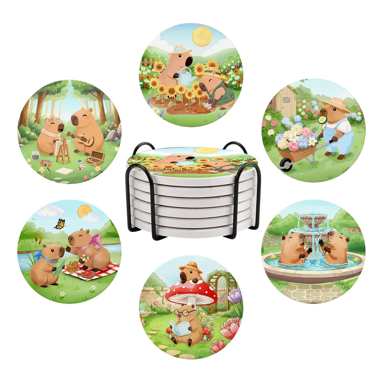 Shaeotek Capybara 6 Pcs S Ceramic Coaster With Holder, Cute Absorbent Drink Coasters For Drinking, Round Non-Slip Drink Coffee Bar Mug Cup Decoration Gifts