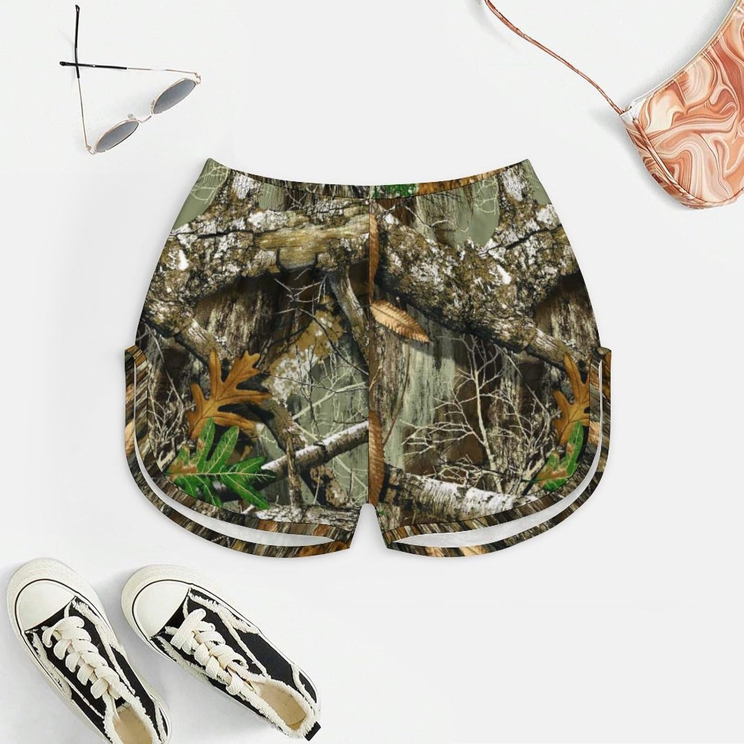 Autumn Hunting Tree Camo Pattern Women's Satin Silk Pajamas 2pcs Set Top And Shorts Sleepwear - Image 5