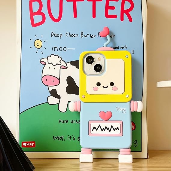 3D カートゥーンケース iPhone 15 Plus用 面白い かわいい ロボット クール かわいい ソフト シリコンケース 女性 ガールズ 耐衝撃プロテクター カバー iPhone 15 Plus対応
