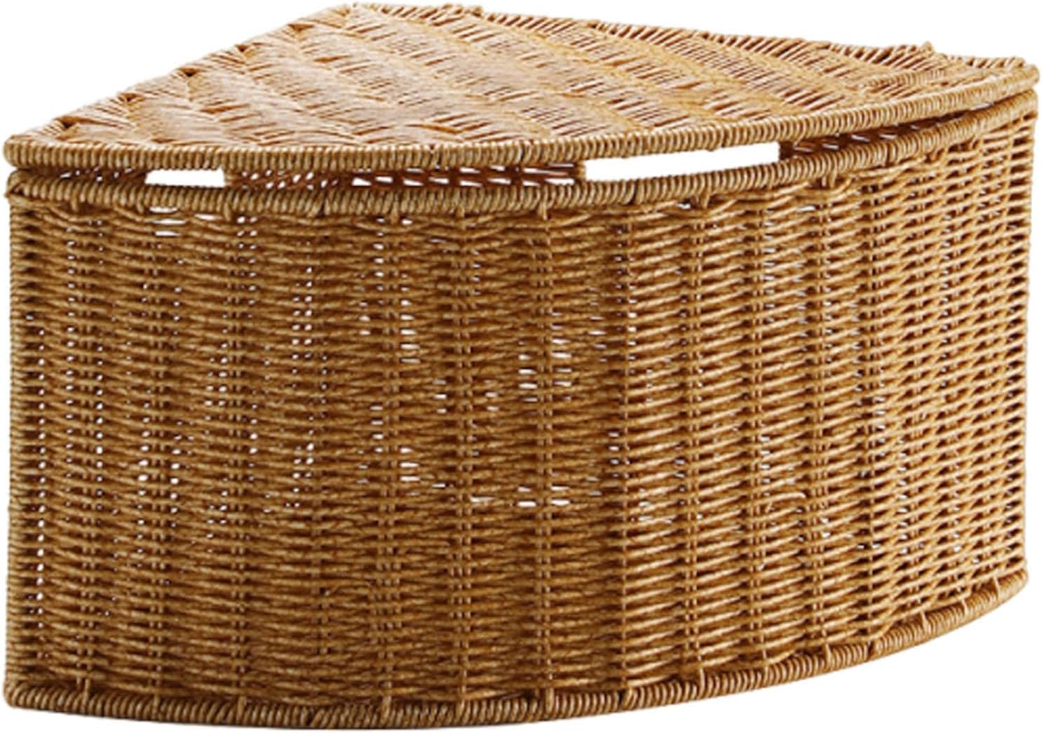 Corner Storage Basket with Lid, Fan Shape Triangle Basket, Large Capacity Sundries Organizer Bins, Rustic Decorative Baskets for Office/Pantry/Living Room/Bedroom/Entryway, B 41.5x30x21cm