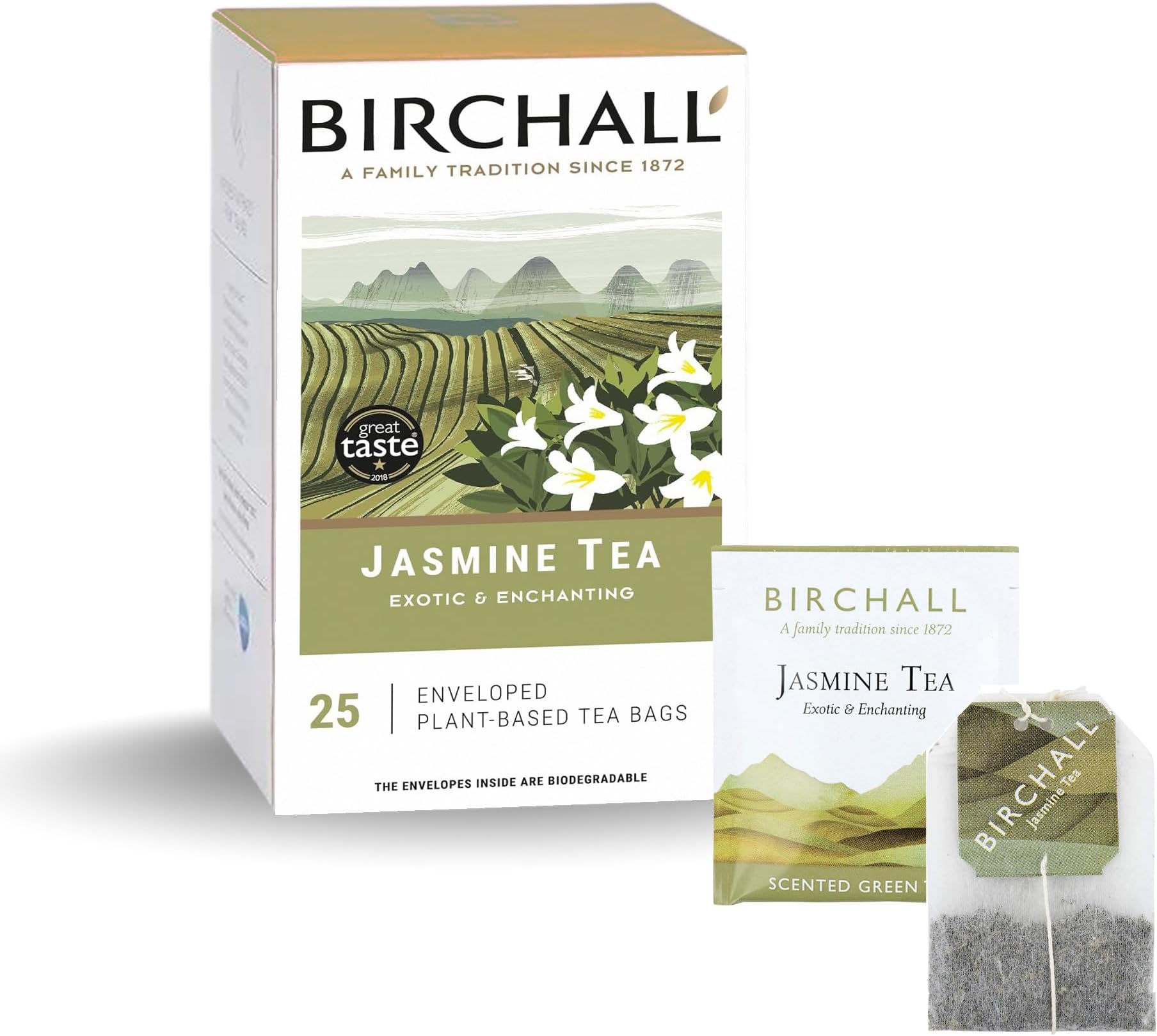 Birchall Tea Bags, Jasmine Tea Gift Set, Green Tea Bursting with Full Flavour, Perfect Herbal Tea Gift Set, 25 Enveloped of Plant-Based Prism Tea Bags